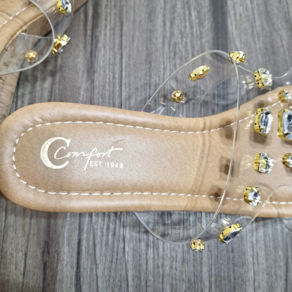 Comfort Women's Size 9M Tan Clear PVC Straps Rhinestones Cork Wedge Sandals
